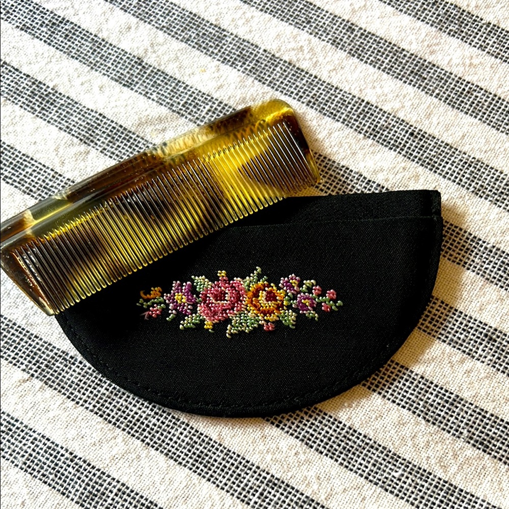 Vintage Floral Embroidered Black Pouch with Comb